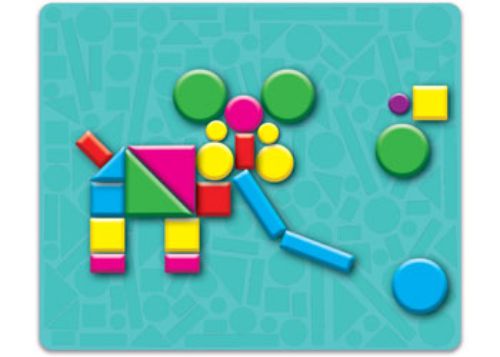 Vibrant set of over 40 magnetic shapes for kids aged 3-6, including a double-sided board for creative play.