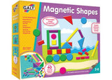 Colorful magnetic shapes set for kids aged 3-6, featuring over 40 pieces for creative patterns on a metallic tray.