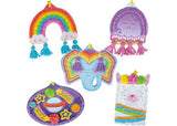 Colorful embroidery kit for kids featuring printed boards, vibrant wool, and tools to create decorative stitched wall hangings.