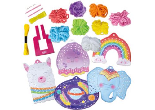 Colorful embroidery kit for kids featuring printed boards, textured wool, and tools for creating wall hangings.