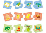 Colorful 4-piece puzzles showing plant and animal life cycles, designed for toddlers to enhance matching and sorting skills.