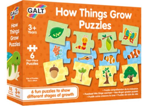 Colorful Galt How Things Grow Puzzle featuring 6 life cycle puzzles, perfect for toddlers to explore nature and develop skills.