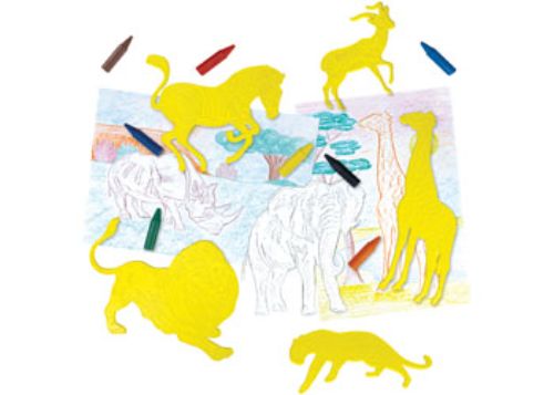 Galt Creative Templates featuring 8 safari animal shapes for crayon rubbings, ideal for young artists' creative projects.