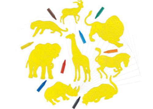Galt Creative Templates set featuring 8 safari animal shapes for crayon rubbings, with paper and vibrant crayons included.