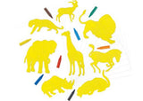 Galt Creative Templates set featuring 8 safari animal shapes for crayon rubbings, with paper and vibrant crayons included.