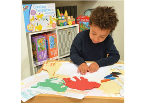 Galt Creative Templates featuring 8 safari animal shapes for crayon rubbings, enhancing creativity and fine motor skills.