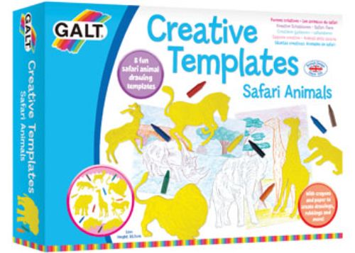 Galt Creative Templates set featuring 8 safari animal shapes for crayon rubbings and artistic fun for kids.