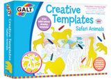 Galt Creative Templates set featuring 8 safari animal shapes for crayon rubbings and artistic fun for kids.