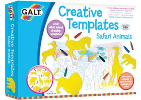 Galt Creative Templates set featuring 8 safari animal shapes for crayon rubbings and artistic fun for kids.