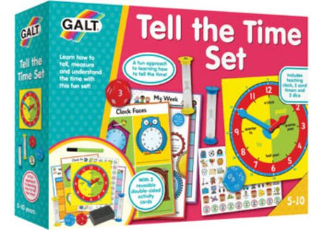 Interactive Galt - Tell the Time set with teaching clock, sand timers, dice, and cards for fun time-learning for kids.