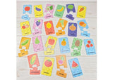 Brightly colored 2-piece puzzles featuring fruits and vegetables, designed to enhance toddlers' recognition and matching skills.