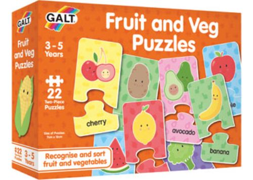 Bright and colorful Galt Fruit and Veg Puzzles, featuring 22 engaging 2-piece puzzles for toddlers to learn about healthy foods.