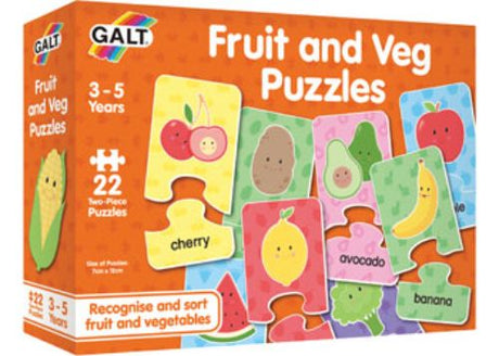 Bright and colorful Galt Fruit and Veg Puzzles, featuring 22 engaging 2-piece puzzles for toddlers to learn about healthy foods.
