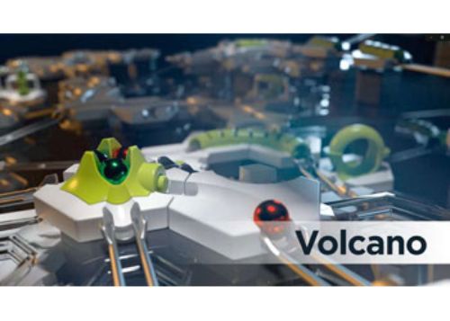 GraviTrax Action Pack Volcano featuring a vibrant volcano element that triggers marble eruptions in a STEM marble run system.