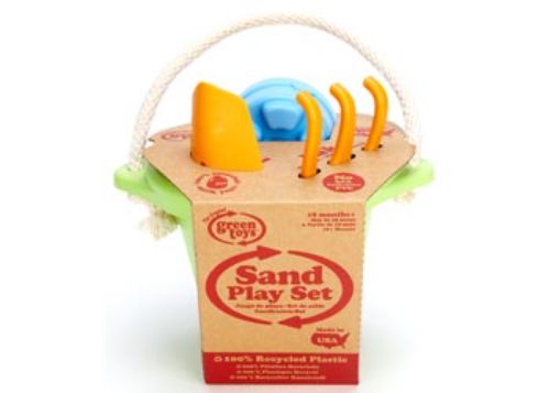 Eco-friendly Green Toys Sand Play Set for creative outdoor fun, crafted from 100% recycled materials, safe for kids 18+ months.