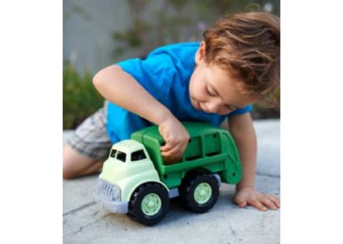 Eco-friendly Green Toys Recycling Truck for kids with movable bed, open rear door, and made from 100% recycled plastic.