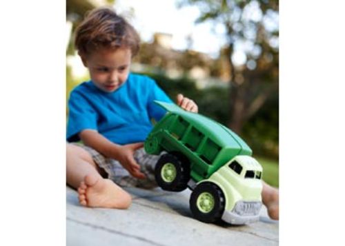 Eco-friendly Green Toys Recycling Truck with moveable bed, open/shut door for sorting recyclables, perfect for kids aged 1+.