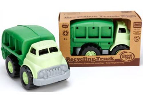 Brightly colored Green Toys Recycling Truck designed for kids, featuring a moveable bed and spacious rear door for sorting recyclables.