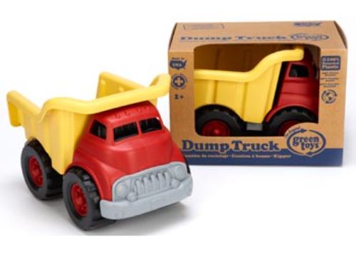 Eco-friendly Green Toys Dump Truck made from 100% recycled plastic, featuring a functional dumper for imaginative play.