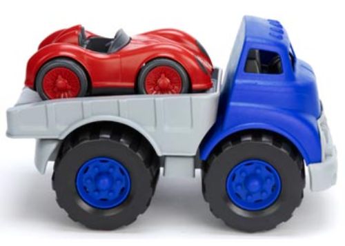 Bright blue flatbed truck with red race car, made of 100% recycled plastic, perfect for eco-friendly imaginative play.