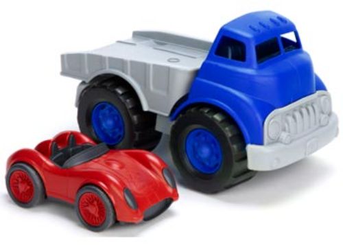 Colorful flatbed truck in blue carrying a red race car, made from recycled plastic, perfect for eco-friendly play.