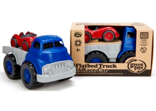 Eco-friendly Green Toys flatbed truck in blue transporting a vibrant red race car for imaginative play, safe for toddlers aged 1+.