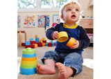 Colorful eco-friendly stacking toy made from recycled plastic, enhancing motor skills and creativity for toddlers 6 months+.