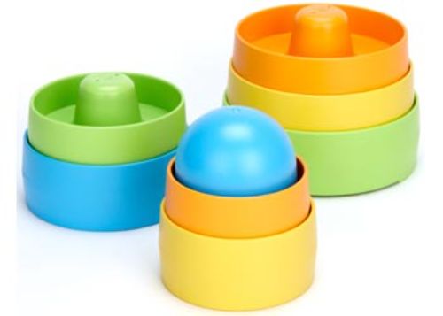 Eco-friendly Green Toys Stacker with 8 colorful pieces for toddlers, promoting motor skills and creativity through playful stacking.