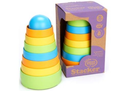 Colorful Green Toys Stacker made from recycled plastic, designed for toddlers to enhance creativity and motor skills.