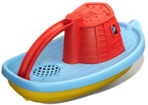 Colorful Green Toys Tug Boat for toddlers; eco-friendly bath toy made from recycled plastic with a wide spout for water play.