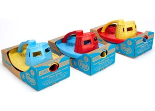 Eco-friendly Green Toys Tug Boat in vibrant colors, perfect for toddlers to scoop, pour, and splash during bath time fun.