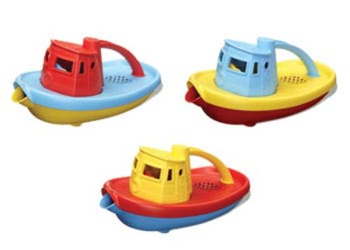 Colorful Green Toys Tug Boat made from 100% recycled plastic, perfect eco-friendly bath toy for toddlers to explore and play.