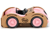 Pink eco-friendly race car made from 100% recycled plastic, designed for toddlers, promoting imaginative and sustainable play.