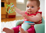 Colorful, eco-friendly three-dimensional baby teether with textured charms, safe for infants from birth, dishwasher safe.