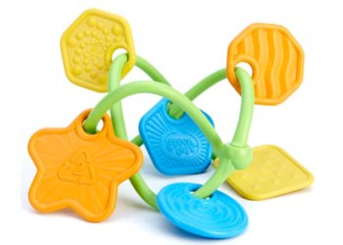 Colorful Green Toys Twist Teether for infants, featuring textured charms for sensory exploration, made from safe recycled plastic.