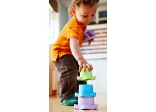 Eco-friendly Green Toys stacking cups set of 6, colorful and graduated, perfect for imaginative play and counting skills.