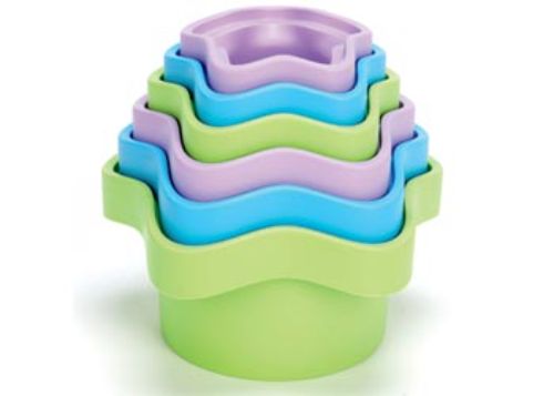 Colorful eco-friendly stacking cups set of 6, designed for imaginative play, safe for toddlers, promotes problem-solving and counting.