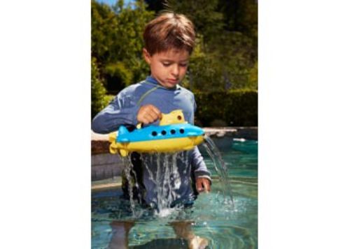 Bright yellow submarine toy made from recycled plastic, featuring a spinning propeller and stable flat bottom for water play.