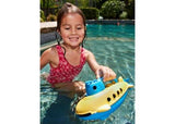 Bright yellow submarine toy made from 100% recycled plastic, designed for imaginative bath play and promoting eco-friendliness.