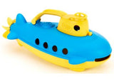 Bright yellow submarine toy made from recycled plastic, featuring a spinning propeller and wide opening for scoop-and-pour play.