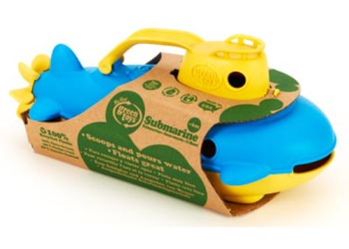 Eco-friendly yellow submarine toy made from recycled plastic, designed for toddlers with a spinning propeller and scoop-and-pour fun.