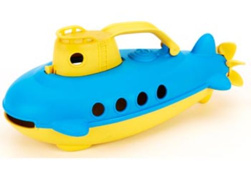 Eco-friendly yellow submarine toy for toddlers, made from recycled plastic, with spinning propeller and wide mouth for water play.