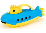 Eco-friendly yellow submarine toy for toddlers, made from recycled plastic, with spinning propeller and wide mouth for water play.