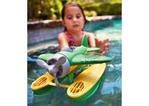 Bright green eco-friendly seaplane with spinning propeller, perfect for imaginative play in water or air for ages 1+.