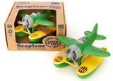 Vibrant green eco-friendly seaplane toy with spinning propeller and oversized pontoons for imaginative water and air adventures.