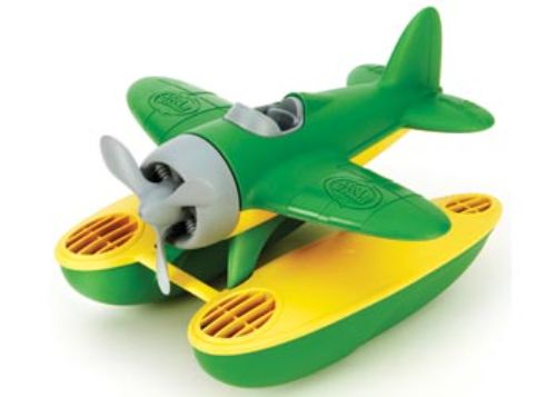 Bright green eco-friendly floatplane with spinning propeller, designed for imaginative water play for children aged 1 and up.