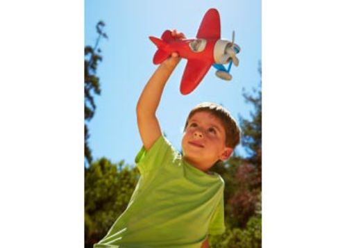 Red Green Toys airplane made from recycled materials, featuring a spinning propeller and racing stripes for imaginative play.