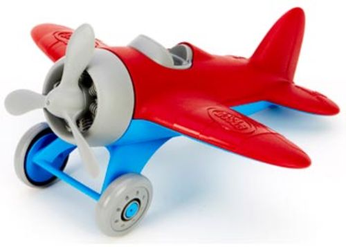 Red eco-friendly airplane toy with spinning propeller and racing stripes, designed for imaginative play and suitable for ages 1+.