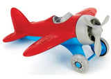 Bright red eco-friendly airplane toy with spinning propeller and racing stripes, perfect for kids 1 and up.