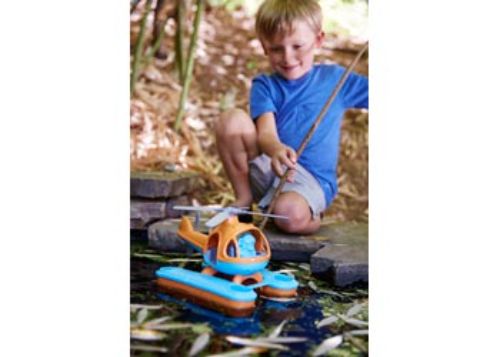 Bright orange amphibious Sea Copter toy with stabilizing pontoons, pilot bear figure, made from 100% recycled plastic.